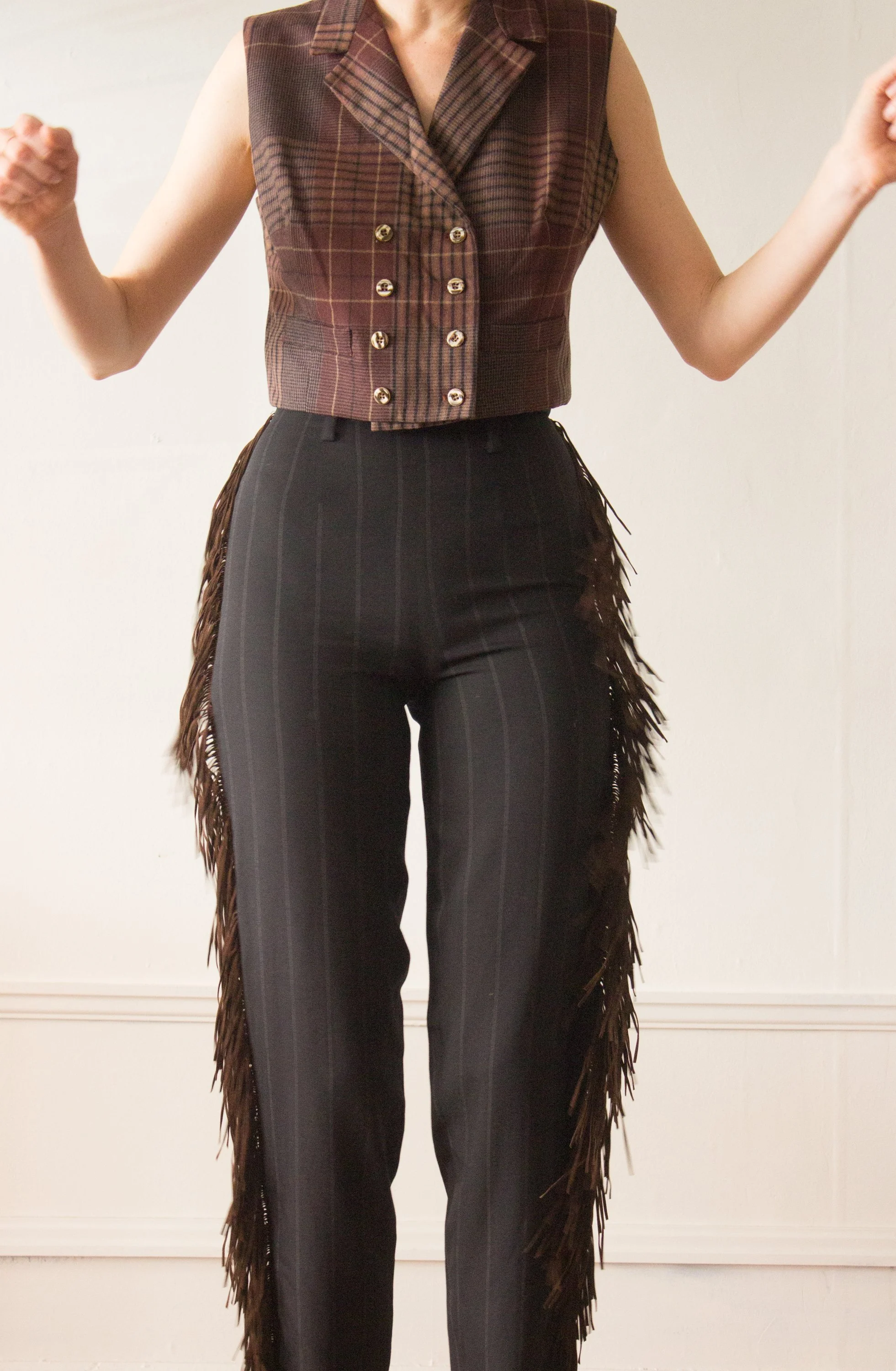 1990s Ozbek Pinstriped Trousers with Leather Fringe — Wayward